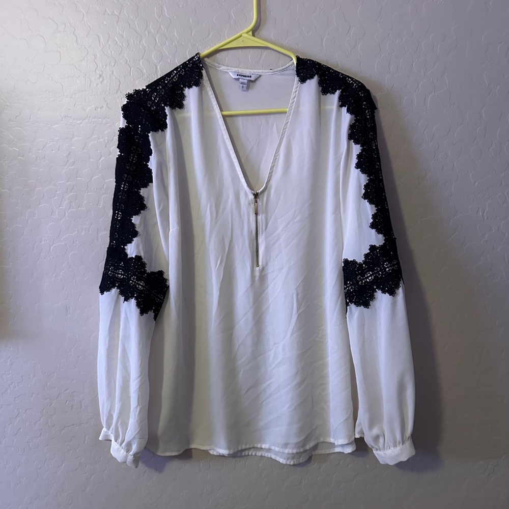 Express White Blouse with Black Lace Accents